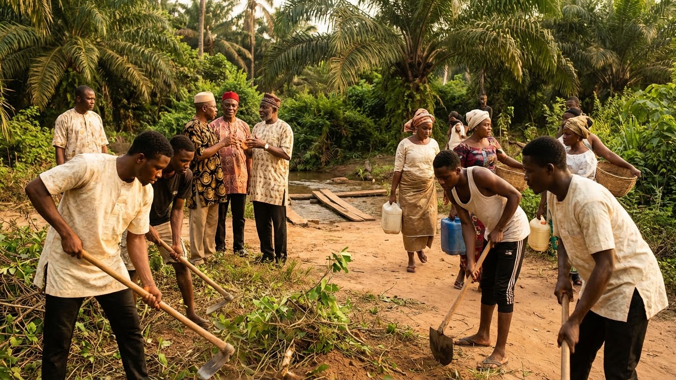 Ibo Uzo in Ogbuebule community. Members jointly maintaining a local road leading to a stream