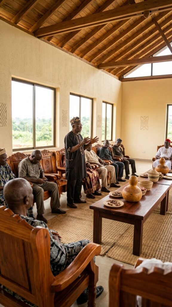 Ogbuebule community leaders and elders actively engaged in a formal communal meeting